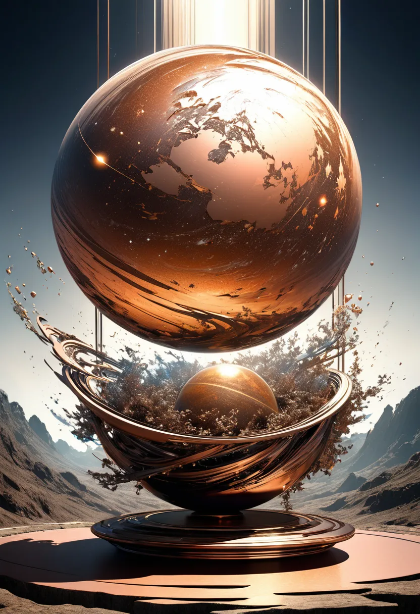 conceptual installation fantasy illustration art, Copper-plated planet-Mercury, various effects, delicate and dynamic textures, contrasts of light and shadow, 2.5D, artistic photography, hyper realistic, digital graphic CG, BREAK ultra detailed, absolutely resolution, best quality