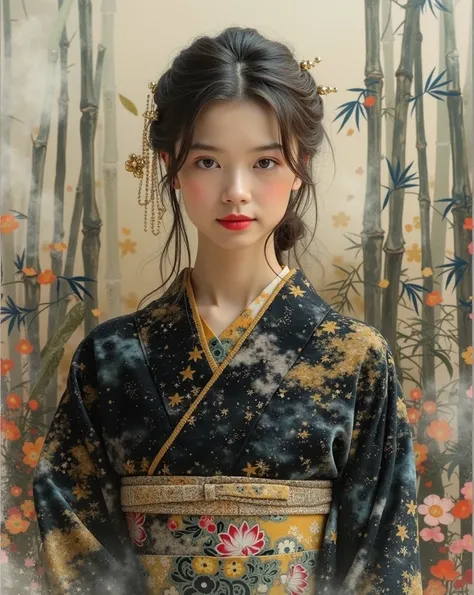 Create a digital artwork of a young woman in a traditional Japanese kimono with a dark, galaxy-themed design adorned with vibrant floral patterns. Her hair is styled in an elegant updo with delicate ornaments, and she has subtle makeup with red lipstick. T...