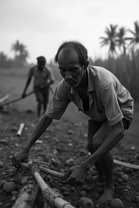  Photograph of peasants working on sugar cane plantations, showing the poverty and exploitation of rural workers .