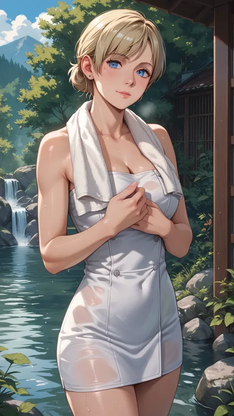 Sherry Birkin，from Resident Evil 6，white towel around her body，warm spring，Chirabi，