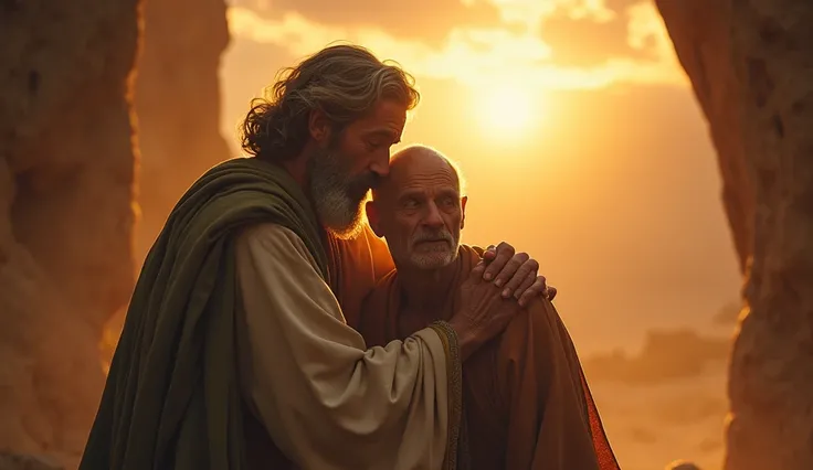 Create a beautiful image of Abraham embraced with the beggar Lazarus in a scene of peace in heaven  