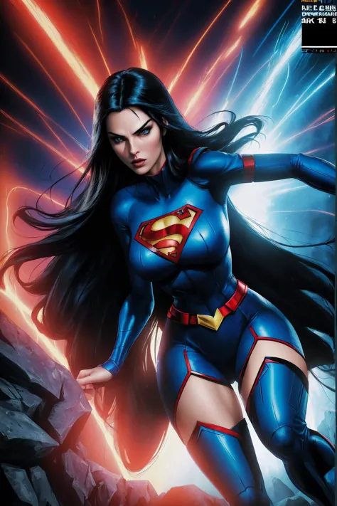 a woman with long black hair and blue eyes, wearing a red and blue superhero costume, powerful superhero pose, dynamic action sc...