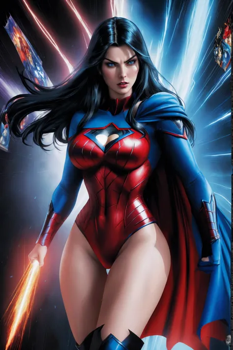 a woman with long black hair and blue eyes, wearing a red and blue superhero costume, powerful superhero pose, dynamic action sc...