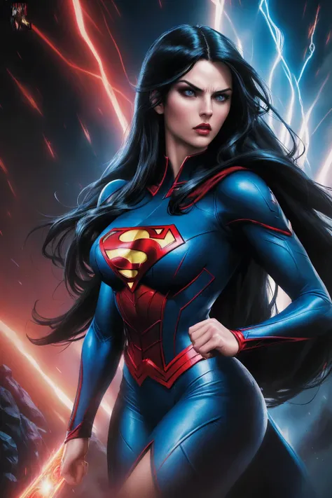 a woman with long black hair and blue eyes, wearing a red and blue superhero costume, powerful superhero pose, dynamic action sc...