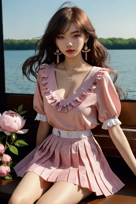 pleated skirt,pink skirt,pink sailor collar, ((best quality, 8k, masterpiece: 1.3)), ((knee shot)), sexy Asian female model, blush, (seduct smile: 0.8), hair accessories, necklace, jia, Tyndall effect, Actual, light edge, Two-tone lighting,  8k Ultra HD , ...