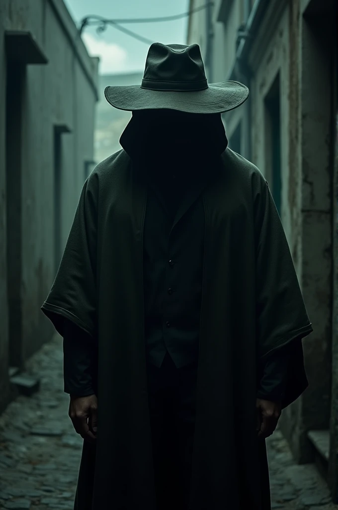 A man without any visible face in a dark alley dressed with a poncho and a large hat