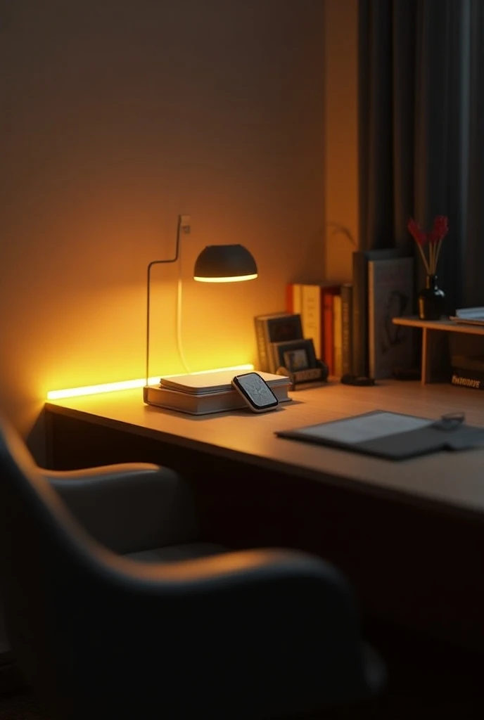 Study table image with books and digital watch modern on table with yellow neon light in night 