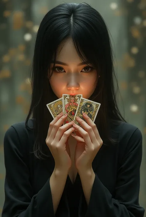 Mysterious girl holding tarot cards to her mouth、Smiling、Oriental、There is light