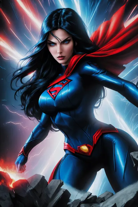 a woman with long black hair and blue eyes, wearing a red and blue superhero costume, powerful superhero pose, dynamic action sc...