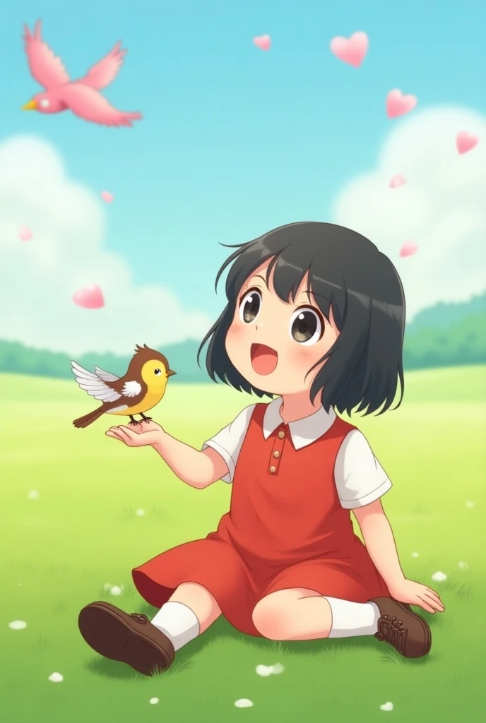 A young girl with shoulder-length black hair and a satisfied smile sits in a lush green grassy field on a clear day with a few white clouds. She wears a bright red dress, white socks, and dark brown leather shoes. A beautiful baby bird perches on her outst...