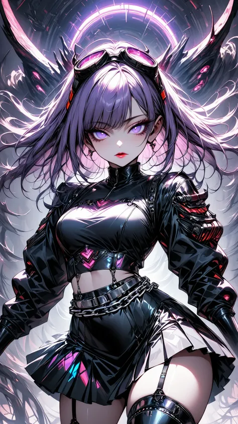 One young and beautiful woman,(Best Quality, very detailed depiction, Incredibly Absurd Hi-Res,High quality anime drawings:2.0),(「Cyber Devil Maid 」 Japanese Actress in a Villain Costume ),( Action Poses Like a Sci-fi Hero Show ),( and futuristic elements ...