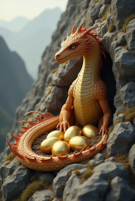 A medium-sized light brown dragon with medium golden dragon eggs in a mountainous curve 