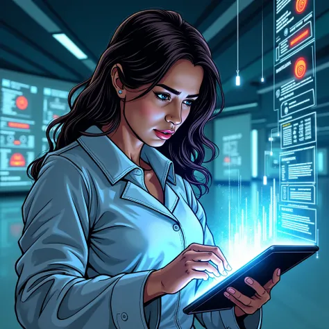 comic book art style of a woman analyzing data on a glowing tablet