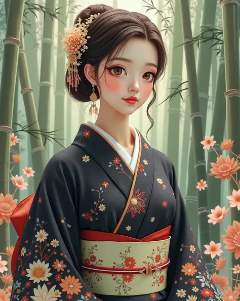 Create a digital artwork of a young woman in a traditional Japanese kimono with a dark, galaxy-themed design adorned with vibrant floral patterns. Her hair is styled in an elegant updo with delicate ornaments, and she has subtle makeup with red lipstick. T...