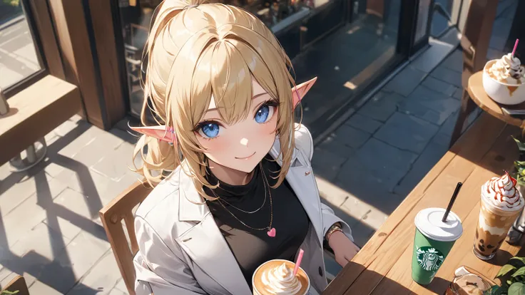 Looking outside、Looking outside、Looking outside、A cafe with a sense of openness 、Stylish cafe、1人のElf、Frappuccino、Soft light, High image quality, 4K resolution, masterpiece,  textured skin from above,  I was particular about every detail at the early fall p...