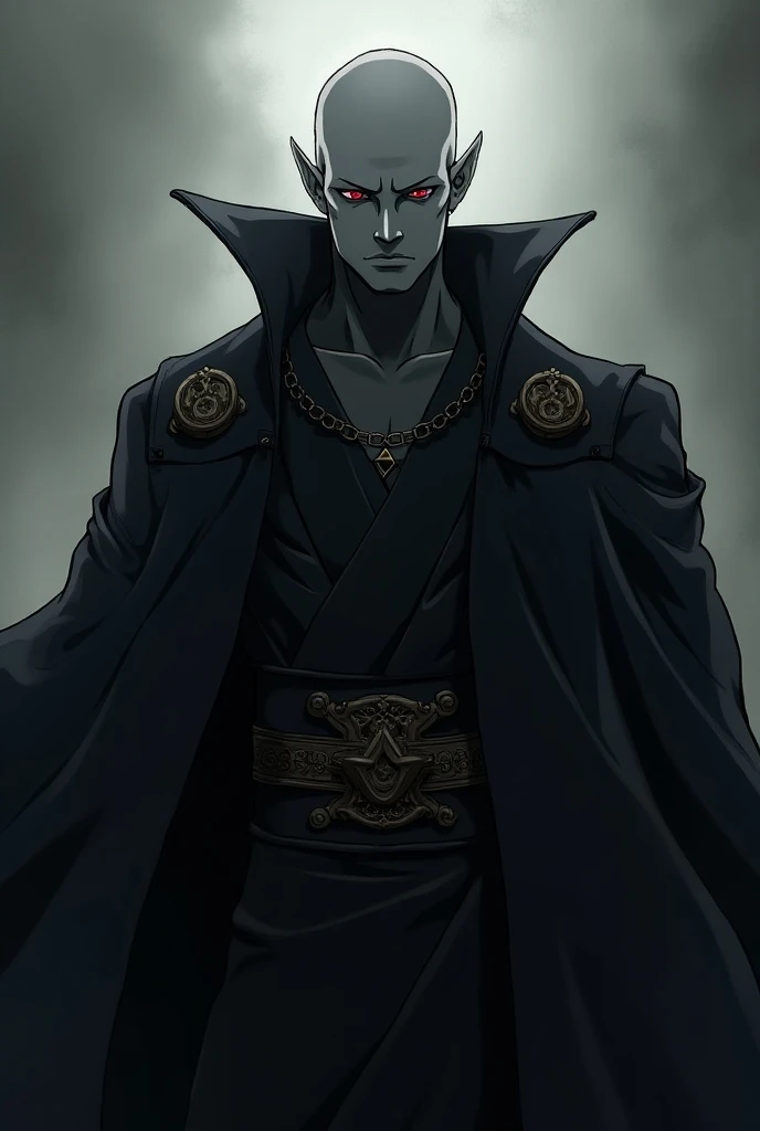 Adult male resembling Narutos Orochimaru, shaved head, black, accessories, demon king appearance, no background