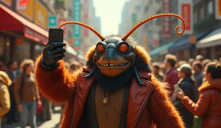 a photograph fantasy creature, an happy handsome artist giant cockroach doing selfie photo with his many fans in down town. Retina, Super Detailed fur,, Cinematic, Character Design, Cinematography, Digital Art, Photorealistic, Portrait Photography, Film Gr...