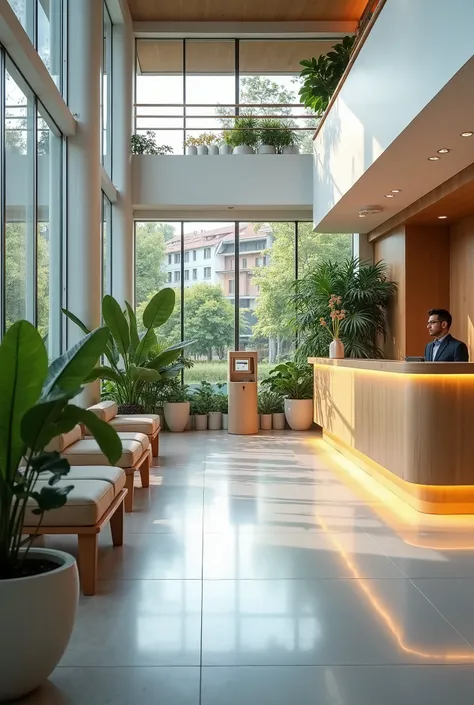   A photograph of a hotel with a visual focus on the reception,  showing a clean and tidy environment ,  with elements of sustainability  ( for example ,  solar panels on the roof of the hotel , recycling stations ).