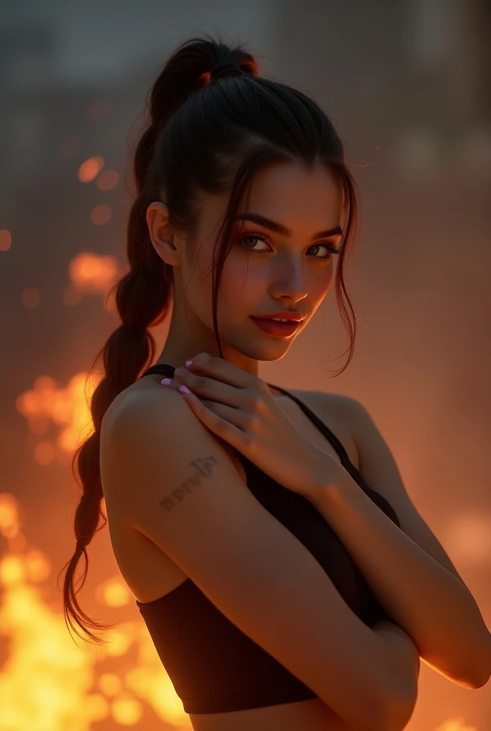 (masterpiece, best quality), 1 girl, portrait, very sexy, crazy look, smile, crying, pink tears, tears on cheeks, tears in eyes, full length (full body 1.1.), female очень, fighting stance  , battle, fire, explosions, city on fire, Beautiful waist, dark co...