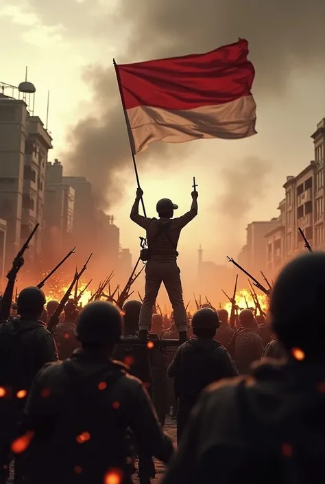 Best Art Video Hyperealistic, UHD, HDR, 5D, medium shoot, full art and dramatic,  cinematic about the Battle of November 10, 1945 in Surabaya ,  at the time when the red and white flag was changed to red and white in the orange hotel Soerabaja, heroic, pat...