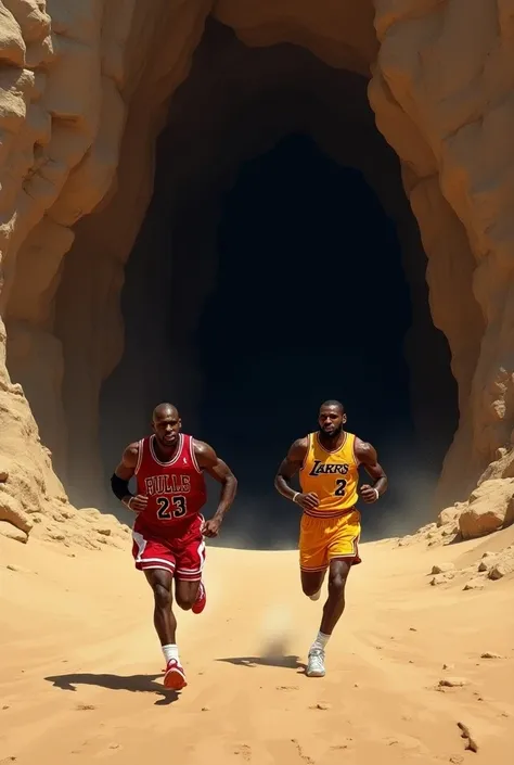 Registan ke beech ek bade se gufa ke bahar ka manzar hai. Michael Jordan aur LeBron James ret par seede gufa ki taraf bhaag rahe hain. Andar darkness aur thoda suspense hai t shirt colors red end yellow 