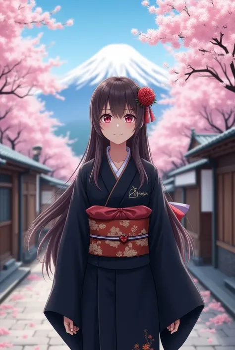 A professional image of a beautiful Japanese Geisha, 24 years old, sharp eyes, medium breasts, long brown hair, original black kimono dress and costumes, big smile looking at camera. She walks in ancient Japanese town with full of sakura trees along the ro...