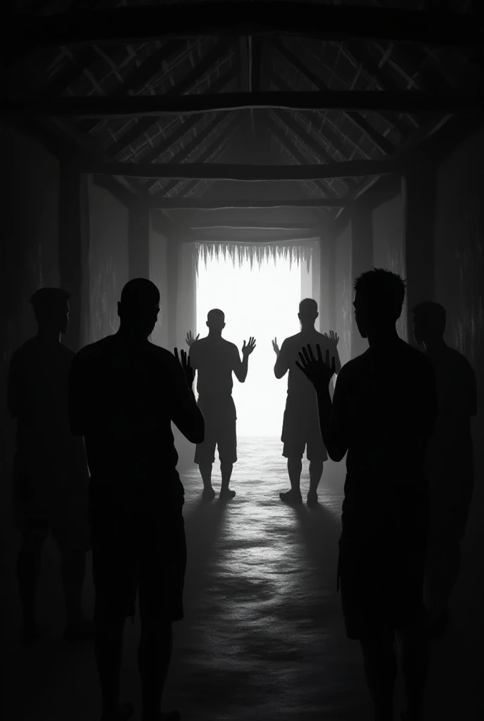 Generate of image of shadow of men praying at night in the dark room. Room is made from nipa hut. Painting style and the color is black and white.