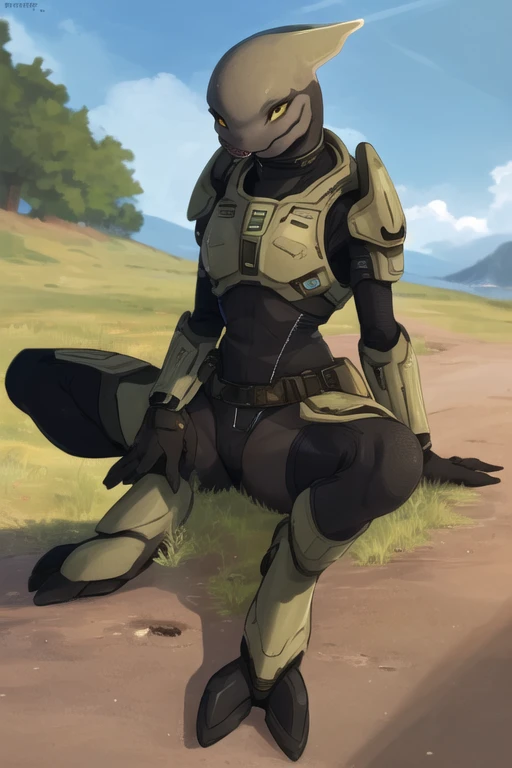 sangheili, anthro, female, solo, halo (series), armor, alien, petite, slim, yellow eyes, looking at viewer, outside, battlefield, war, upper body, black bodysuit, sitting, on ground, spread legs, presenting, happy, smile