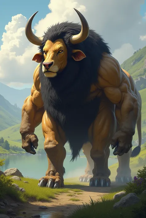 image of a hybrid between a lion and a bull using the same background as before"