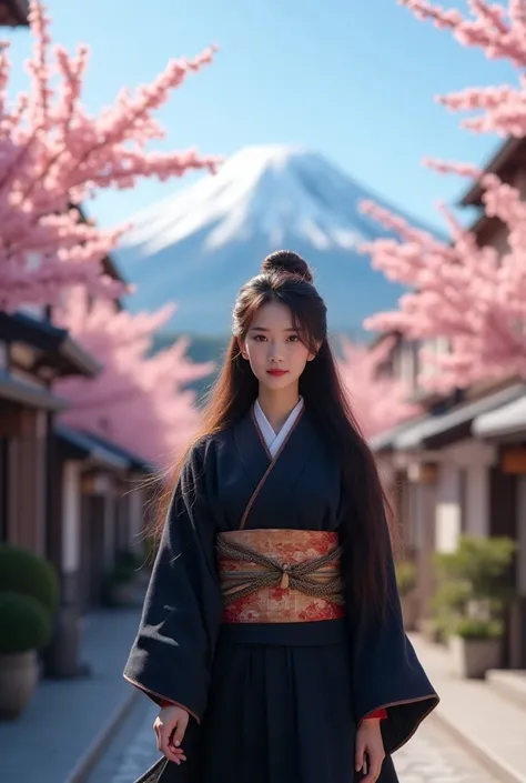 A professional image of a beautiful Japanese woman, 24 years old, sharp eyes, medium breasts, long brown hair, original black kimono dress and costumes, big smile looking at camera. She walks in ancient Japanese town with full of sakura trees along the roa...