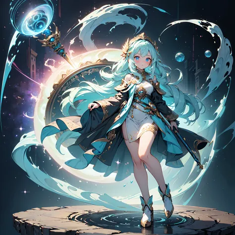 (((masterpiece, best quality, high detailed, 16k))) (1girl) A translucent, glowing figure with an ethereal form, her body composed of ever-shifting galaxies and cosmic orbs. Her eyes glow with ancient knowledge, and her flowing hair resembles nebulae. She ...