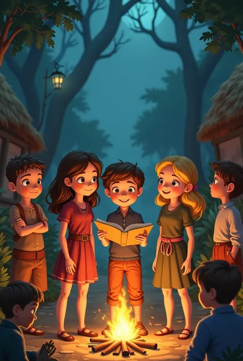 I need an illustration of a girl with brown hair, a girl with blond hair and a boy, all three the same sizes, telling a hysteria, a story, the other people in the village, youll see, theyre two girls and a boy. 
