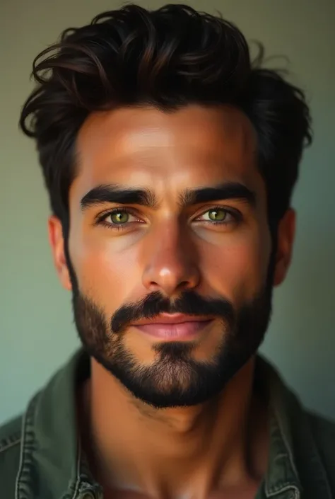 Young brown man with beard with green eyes 