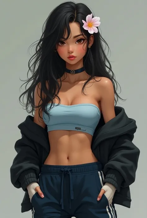  teenage girl ,  brown skin ,  semi-attractive physique ,  brown eyes,  long black hair .  Wear an open black sleeveless sweater , light blue strapless top ,  dark blue sports pants with white stripes on the sides,  white fingerless gloves and a flower on ...