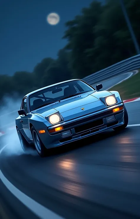 Anime ,silver-blue 1981 Porsche 944 drifting sideways on track, night