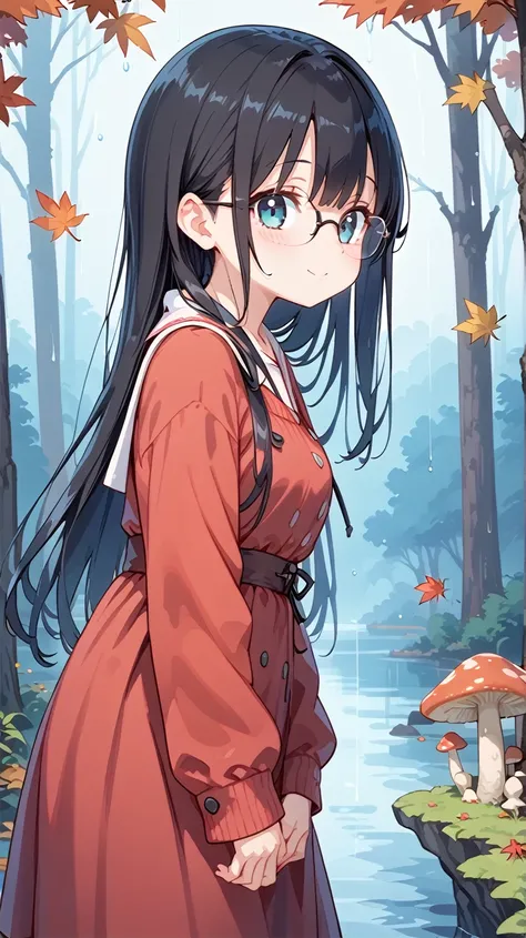  1 girl, Black Hair, long hair,Glasses,mushroomまみれ,Autumn forest,autumn leaves,mushroom, decaying,rain,   Hi-Res, 最高quality, Accurate, 高quality, quality,    very detailed,
