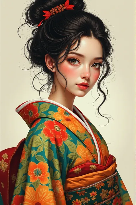 Please create the simple design of a young woman with curly dark brown hair tied in a traditional Japanese hairstyle and wearing a Furisode that mixes Eastern culture and Brazilian culture 