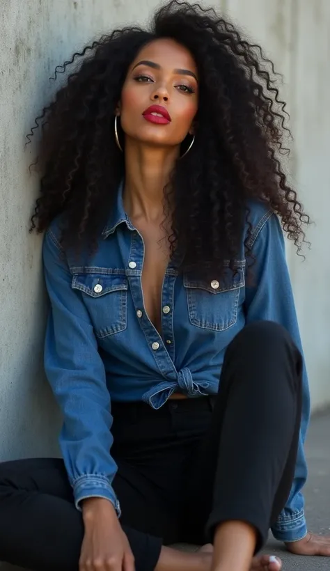 Confident and stylish black woman, very long curly black hair, 
makeup, red lipstick, with a denim shirt tied at the waist and black tailored pants; She is sitting on the floor, leaning against a concrete wall, with one knee bent and the other extended, lo...