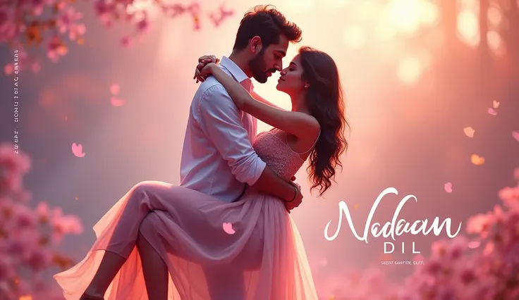 Design a romantic and attractive thumbnail for the song Nadaan Dil in a 16:9 format. The thumbnail should feature a boy and a girl in a romantic pose, with the boy gently lifting the girl in his arms, symbolizing love and affection. Use soft pastel colors ...