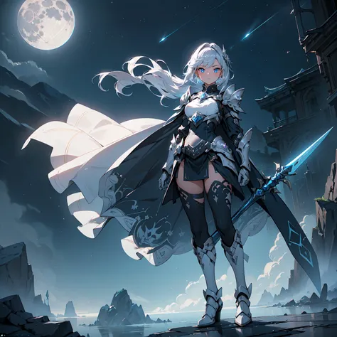 (((masterpiece, best quality, high detailed, 16k))) (1girl) A fierce warrior with short silver hair and glowing blue eyes, wearing light silver armor with a crescent moon emblem on her chest. Her flowing cape trails stardust as she wields a shining spear. ...