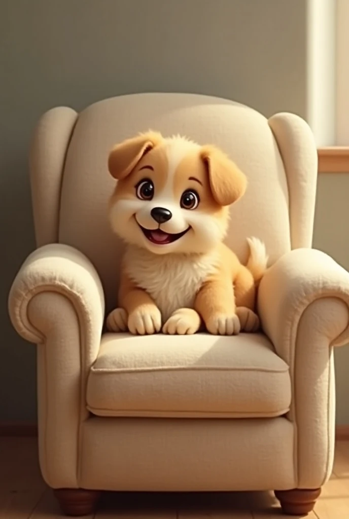 Happy puppy lying in a large beige armchair 