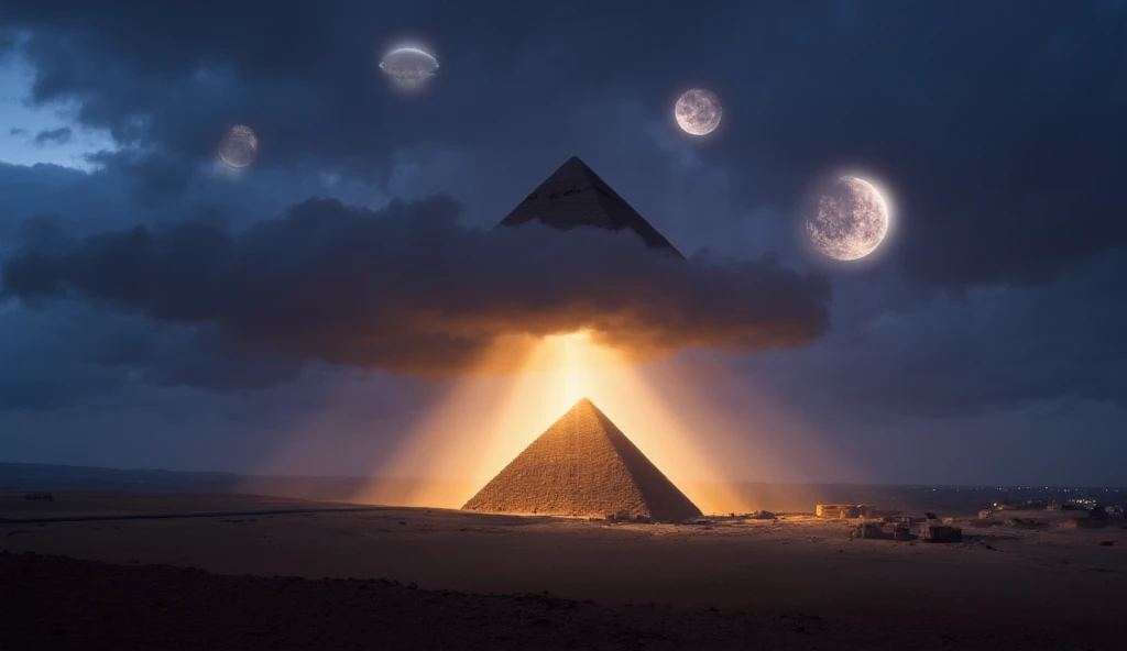 A dramatic scene featuring a colossal spacecraft partially shrouded in dense clouds above an ancient landscape, with the Pyramids of Giza prominently in the foreground. A vibrant golden beam of light connects the pyramid’s apex to the sky, while mysterious...