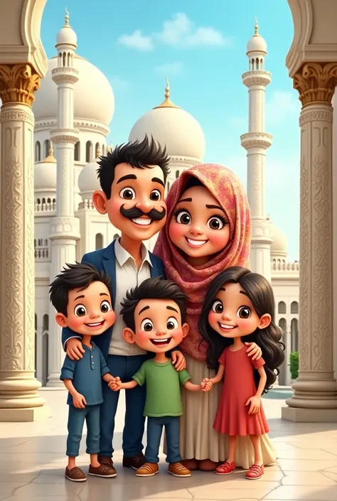 Buatlah gambar Caricature seorang ayah dan ibu berhijab mengandeng anak laki laki dan anak perempuan , beautiful building background , Caricature