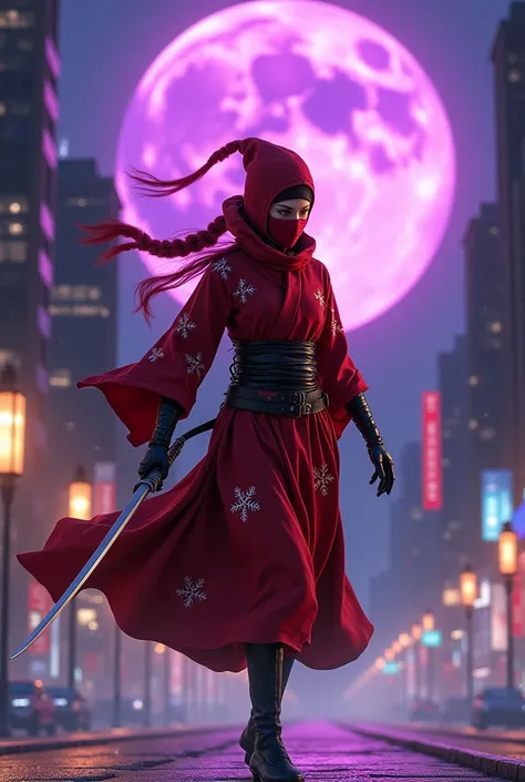 Female ninja in red Christmas clothes in the city with a big purple moon in the back