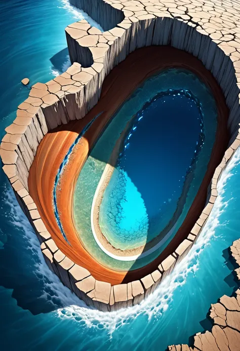 conceptual installation fantasy illustration art, drey Earth cross section, a pit reaching down to the core, and bright deep blue seawater flowing in, various effects, delicate and dynamic textures, contrasts of light and shadow, 2.5D, artistic photography...