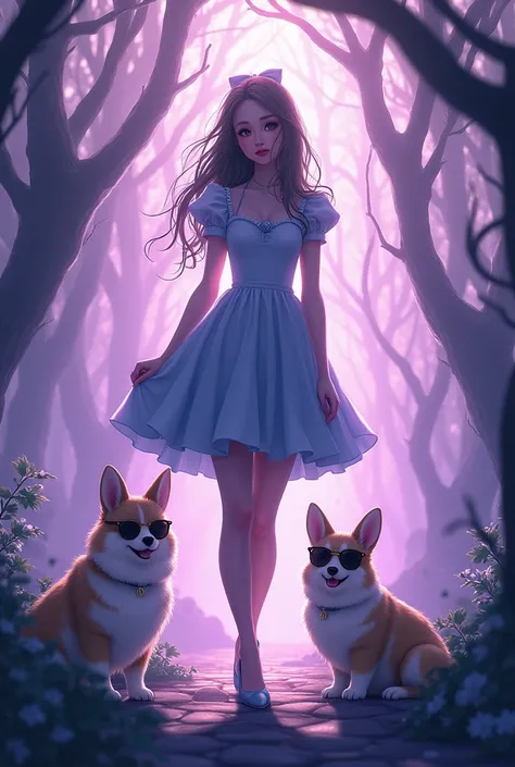 Light purple gradient background mysterious old pocket watch full of mysterious branches tangled 、 Alice in Wonderland Western style beautiful woman with cute rabbit in sunglasses and cute smiling corgi dog in sunglasses masterpiece, Winner of numerous awa...