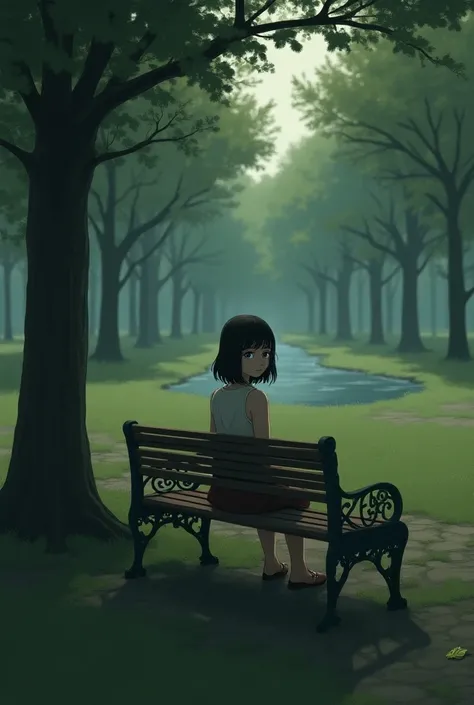  Clara appears sitting on a bench in a park with different shots of the landscape. Clara looking into the void with an expression that reflects sadness and loneliness .