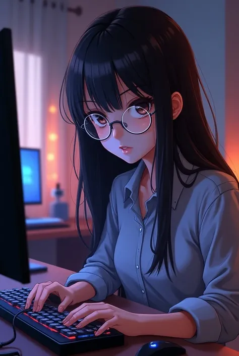 Brown girl with big straight hair and eyeglasses in anime using a PC gamer 