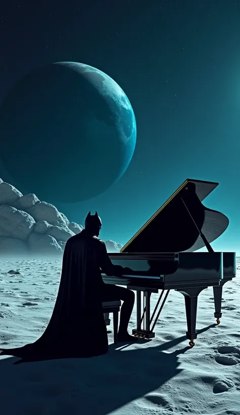 A highly realistic, cinematic 4K image of a dark, caped vigilante resembling Batman seated at a grand piano on the moons surface. The moon’s rocky, cratered landscape extends into the distance beneath a clear, starry sky, with Earth visible as a vibrant bl...