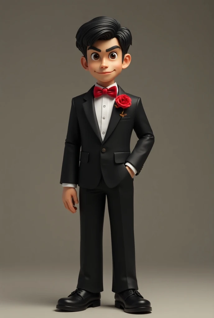 A light-skinned Ventri Loquo figure ,  black hair and brown eyes,  has a black romance version suit ,  with a red bow tie around the neck and a red flower on the left side of the suit. . On the outside it is dress pants with black shoes and mischievous loo...